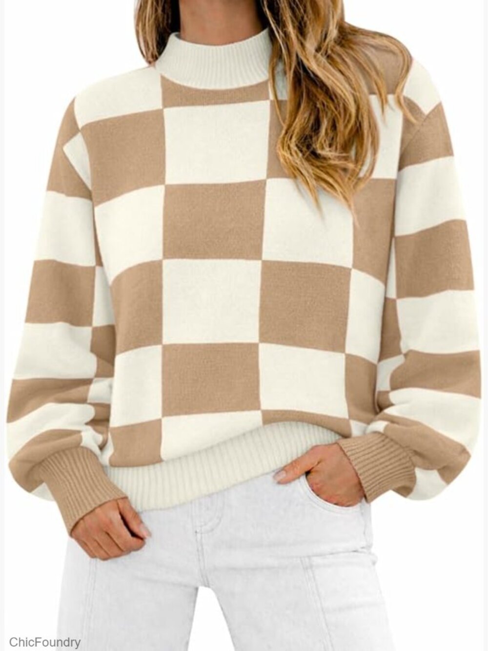 Women's Plaid Turtleneck Sweater Long Sleeve Ribbed Knit Loose Pullover